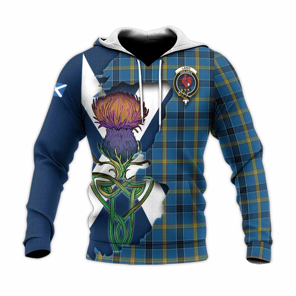 Tartan Vibes Clothing Laing Tartan Family Crest Knitted Hoodie Scottish Thistle Celtic Inspired