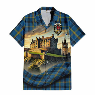 Tartan Vibes Clothing Laing Tartan Family Crest Short Sleeve Button Shirt with Scottish Ancient Castle Style