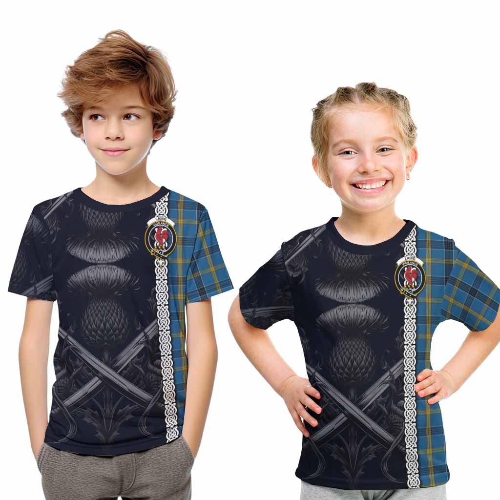 Tartan Vibes Clothing Laing Tartan Kid T-Shirt with Family Crest Cross Sword Thistle Celtic Vibes
