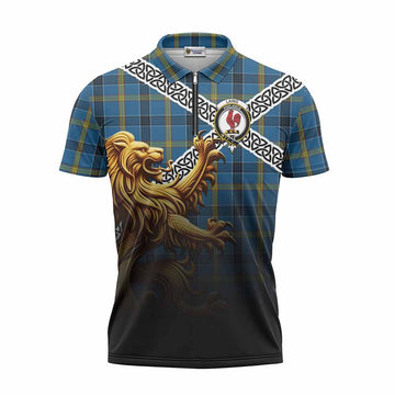 Laing Crest Tartan Zipper Polo Shirt with Golden Lion Emblem Celtic Style