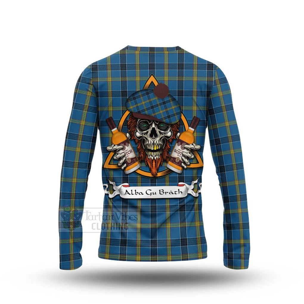 Tartan Vibes Clothing Laing Tartan Long Sleeve T-Shirt with Family Crest and Bearded Skull Holding Bottles of Whiskey