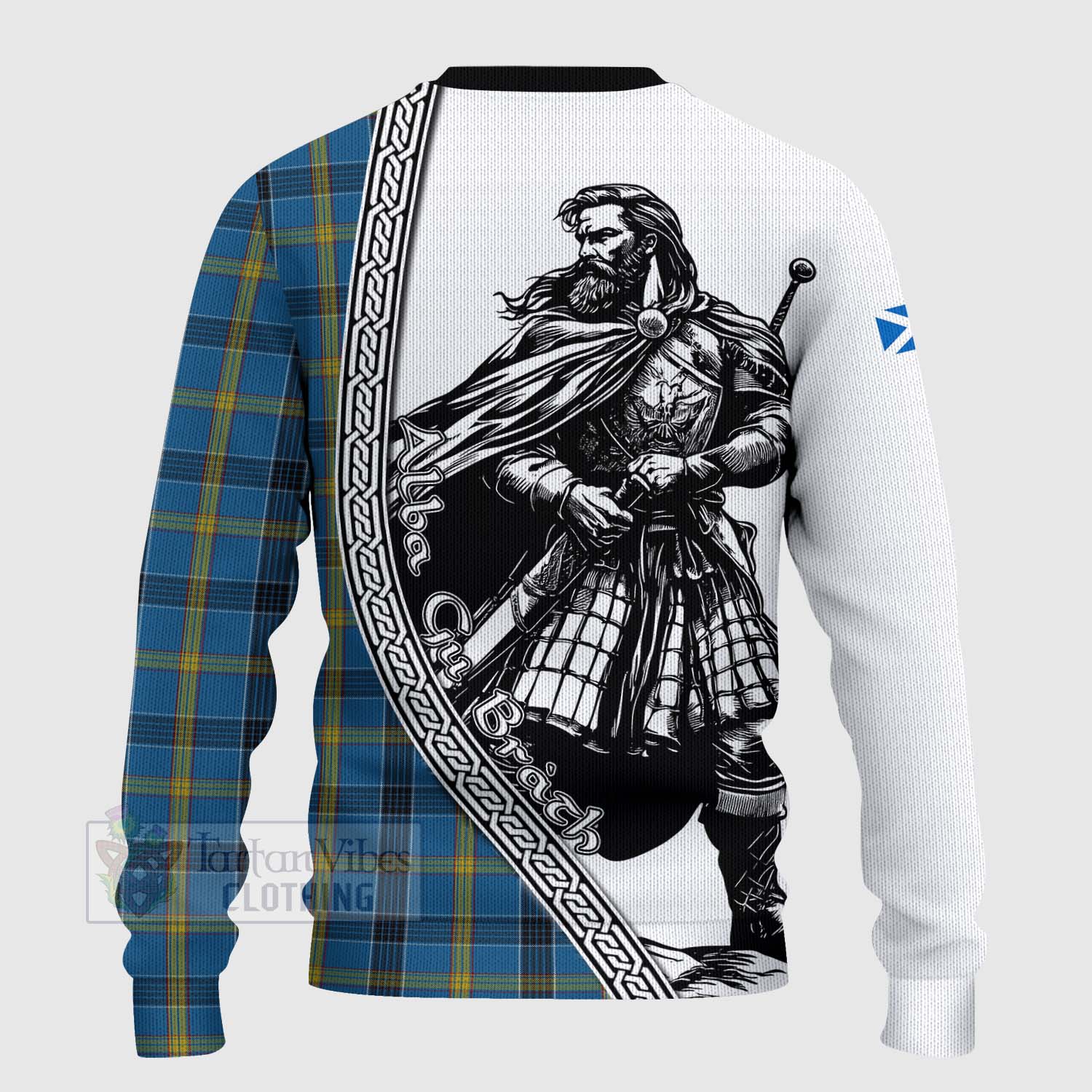 Tartan Vibes Clothing Laing Tartan Clan Crest Knitted Sweater with Highlander Warrior Celtic Style