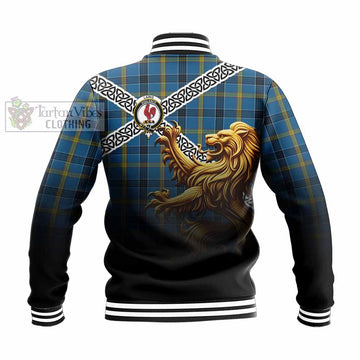 Laing Crest Tartan Baseball Jacket with Golden Lion Emblem Celtic Style