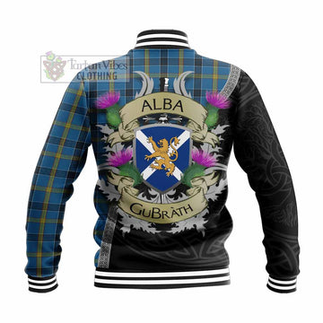 Laing Tartan Family Crest Baseball Jacket Lion Rampant Royal Thistle Shield Celtic Inspired