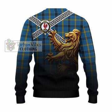 Laing Crest Tartan Knitted Sweater with Golden Lion Emblem Celtic Style