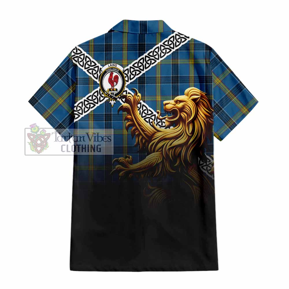 Tartan Vibes Clothing Laing Crest Tartan Short Sleeve Button Shirt with Golden Lion Emblem Celtic Style