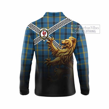 Laing Crest Tartan Long Sleeve Polo Shirt with Golden Lion Emblem Celtic Style