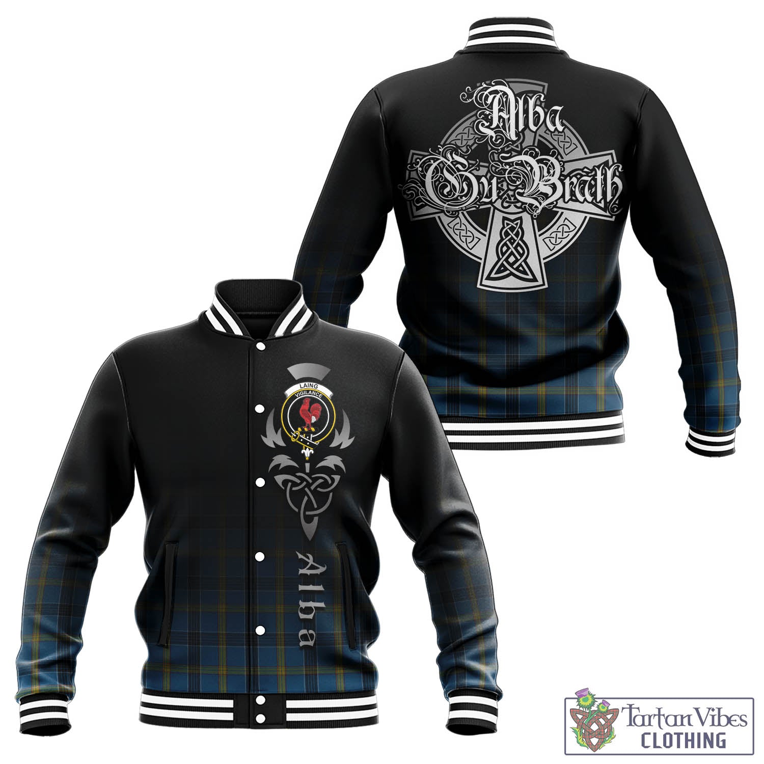 Tartan Vibes Clothing Laing Tartan Baseball Jacket Featuring Alba Gu Brath Family Crest Celtic Inspired