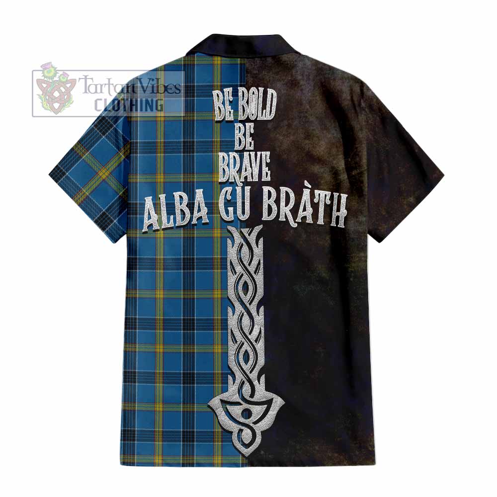 Tartan Vibes Clothing Laing Tartan Family Crest Short Sleeve Button Shirt Alba Gu Brath Be Brave Lion Ancient Style
