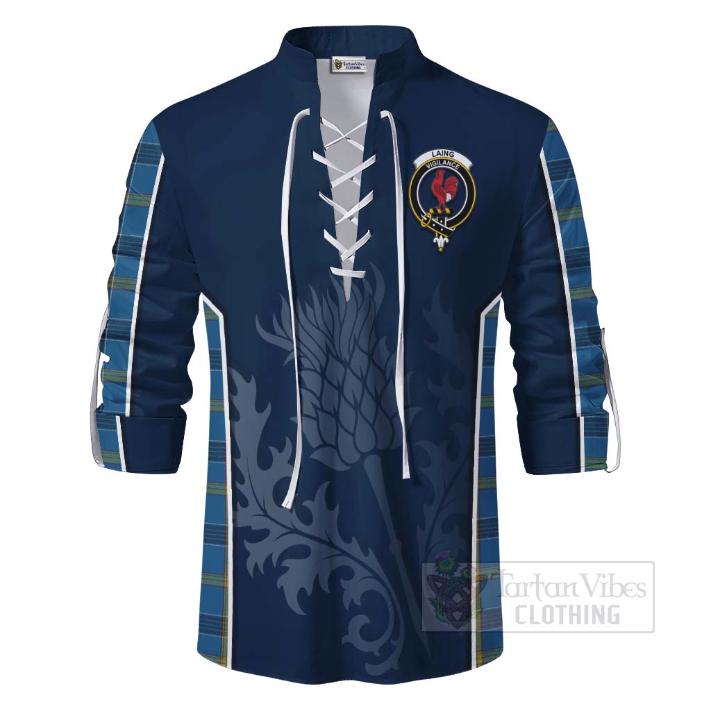 Tartan Vibes Clothing Laing Tartan Ghillie Kilt Shirt with Family Crest and Scottish Thistle Vibes Sport Style