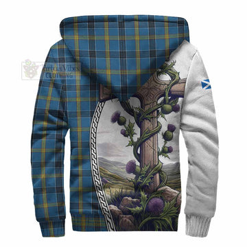 Tartan Vibes Clothing Laing Tartan Sherpa Hoodie with Family Crest and St. Andrew's Cross Accented by Thistle Vines