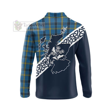 Laing Tartan Long Sleeve Polo Shirt Featuring Thistle and Scotland Map