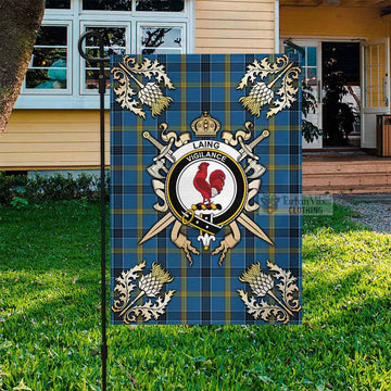 Laing Tartan Garden Flag with Family Crest and Golden Thistle Crossed Sword Design
