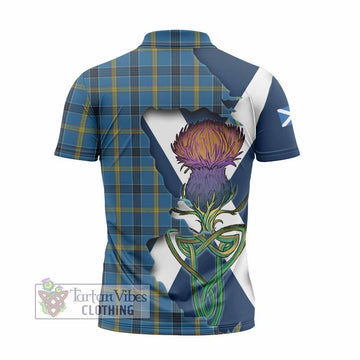 Laing Tartan Family Crest Zipper Polo Shirt Scottish Thistle Celtic Inspired