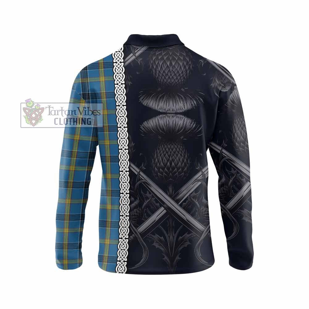 Tartan Vibes Clothing Laing Tartan Long Sleeve Polo Shirt with Family Crest Cross Sword Thistle Celtic Vibes