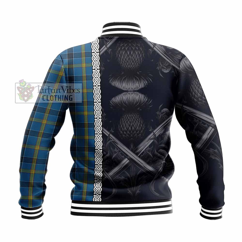 Tartan Vibes Clothing Laing Tartan Baseball Jacket with Family Crest Cross Sword Thistle Celtic Vibes