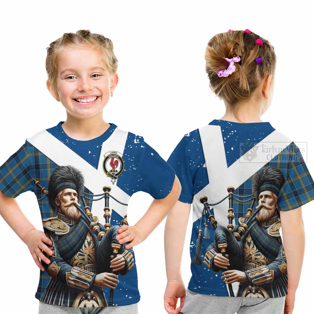 Tartan Vibes Clothing Laing Tartan Kid T-Shirt with Family Crest Scottish Bagpiper Vibes