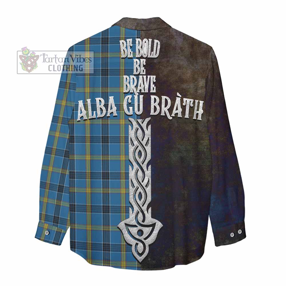 Tartan Vibes Clothing Laing Tartan Family Crest Women's Casual Shirt Alba Gu Brath Be Brave Lion Ancient Style