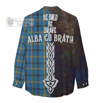 Tartan Vibes Clothing Laing Tartan Family Crest Women's Casual Shirt Alba Gu Brath Be Brave Lion Ancient Style
