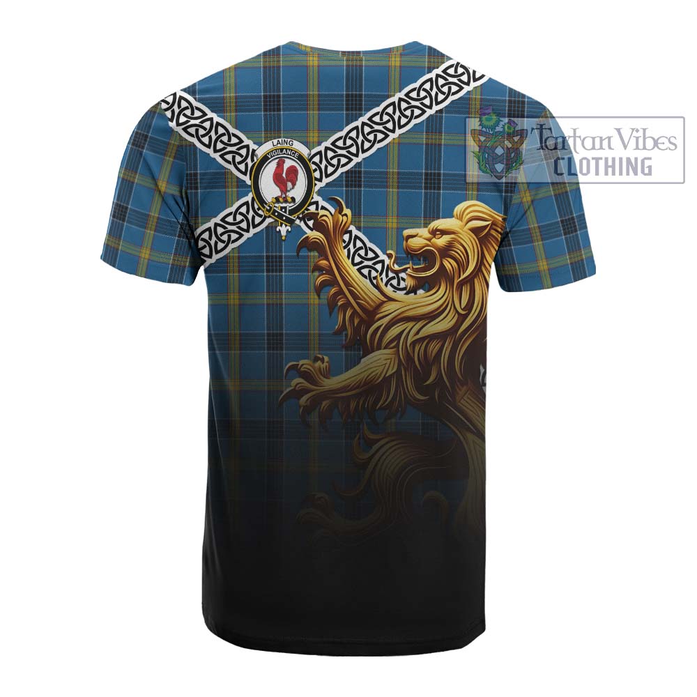 Tartan Vibes Clothing Laing Crest Tartan Cotton T-shirt with Golden Lion Emblem Celtic Style