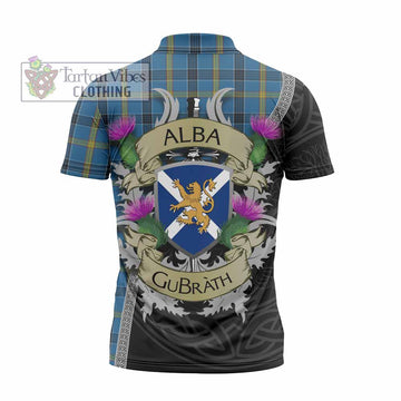 Laing Tartan Family Crest Zipper Polo Shirt Lion Rampant Royal Thistle Shield Celtic Inspired