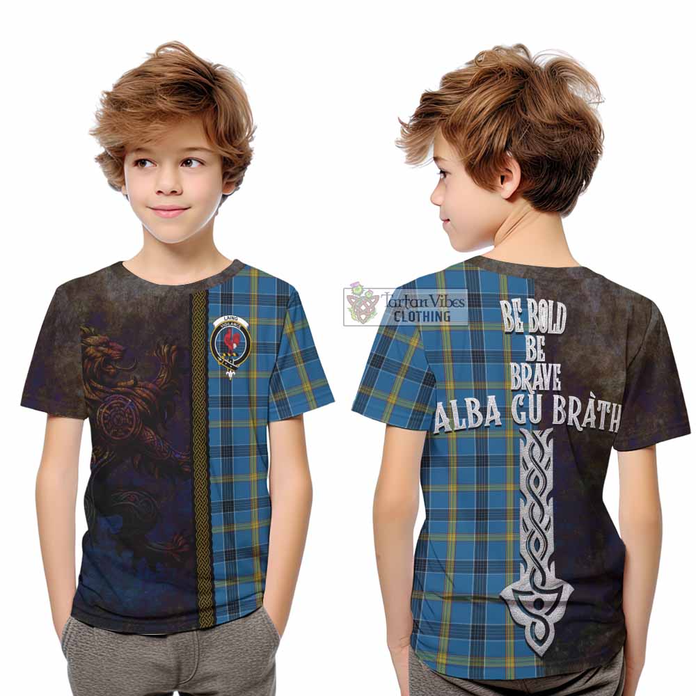 Tartan Vibes Clothing Laing Tartan Family Crest Kid T-Shirt Alba Gu Brath Be Brave Lion Ancient Style
