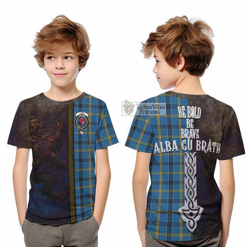 Laing Tartan Family Crest Kid T-Shirt Alba Gu Brath Be Brave Lion Ancient Style