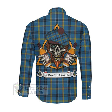 Laing Tartan Long Sleeve Button Shirt with Family Crest and Bearded Skull Holding Bottles of Whiskey