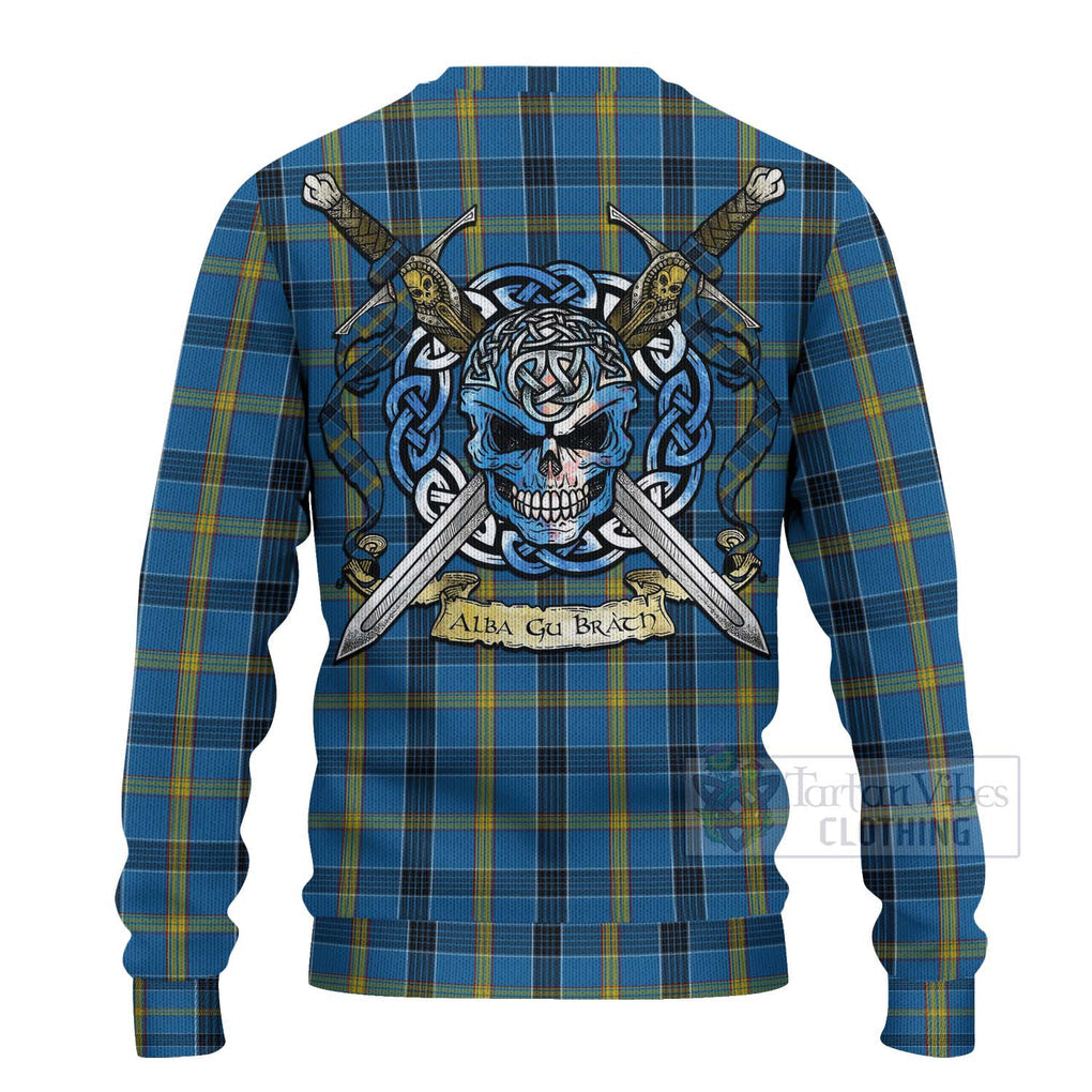 Tartan Vibes Clothing Laing Tartan Knitted Sweater with Family Crest Celtic Skull Style