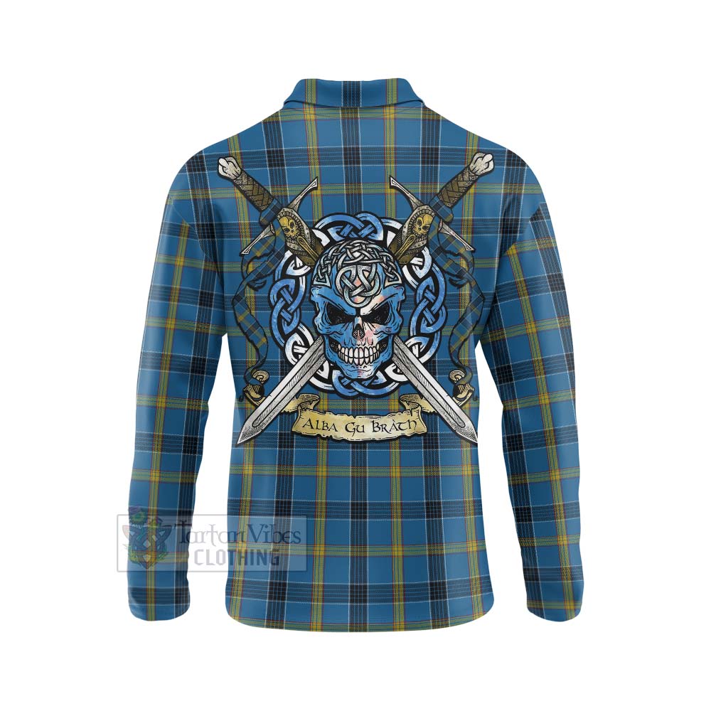 Tartan Vibes Clothing Laing Tartan Long Sleeve Polo Shirt with Family Crest Celtic Skull Style