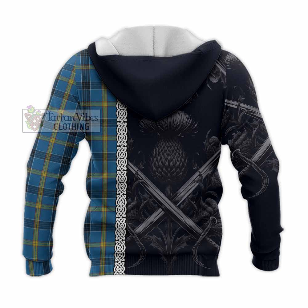 Tartan Vibes Clothing Laing Tartan Knitted Hoodie with Family Crest Cross Sword Thistle Celtic Vibes