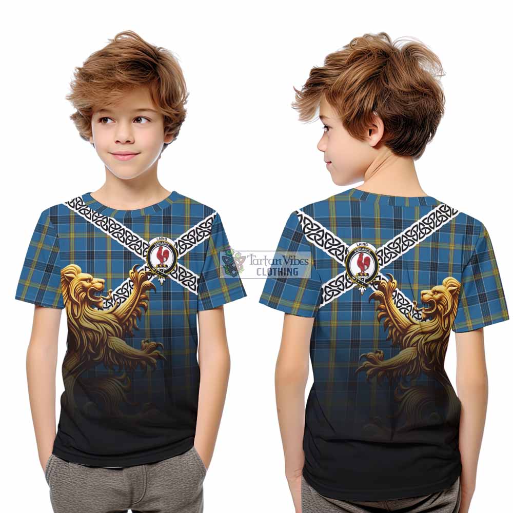 Tartan Vibes Clothing Laing Crest Tartan Kid T-Shirt with Golden Lion Emblem Celtic Style
