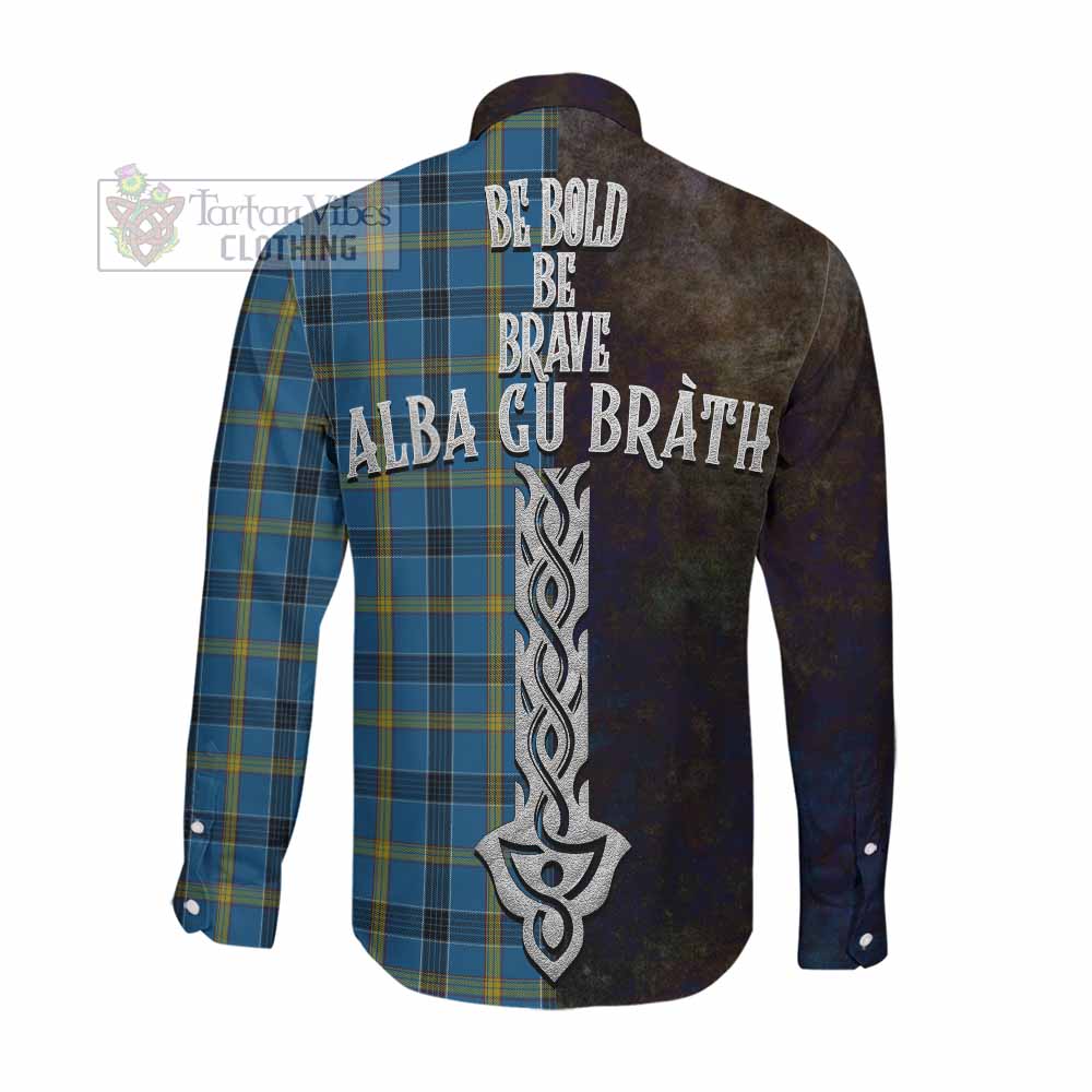 Tartan Vibes Clothing Laing Tartan Family Crest Long Sleeve Button Shirt Alba Gu Brath Be Brave Lion Ancient Style