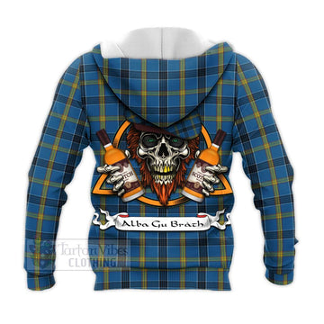 Tartan Vibes Clothing Laing Tartan Knitted Hoodie with Family Crest and Bearded Skull Holding Bottles of Whiskey