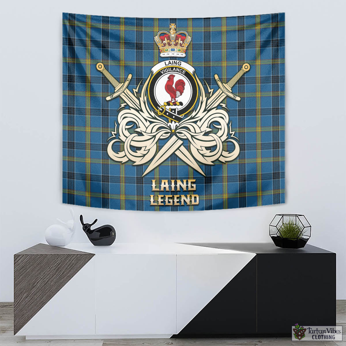 Tartan Vibes Clothing Laing Tartan Tapestry with Clan Crest and the Golden Sword of Courageous Legacy