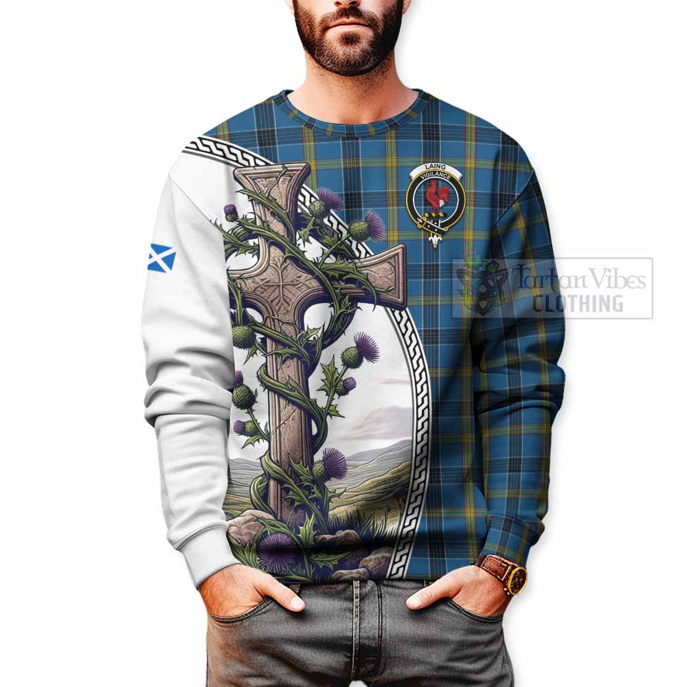 Tartan Vibes Clothing Laing Tartan Sweatshirt with Family Crest and St. Andrew's Cross Accented by Thistle Vines