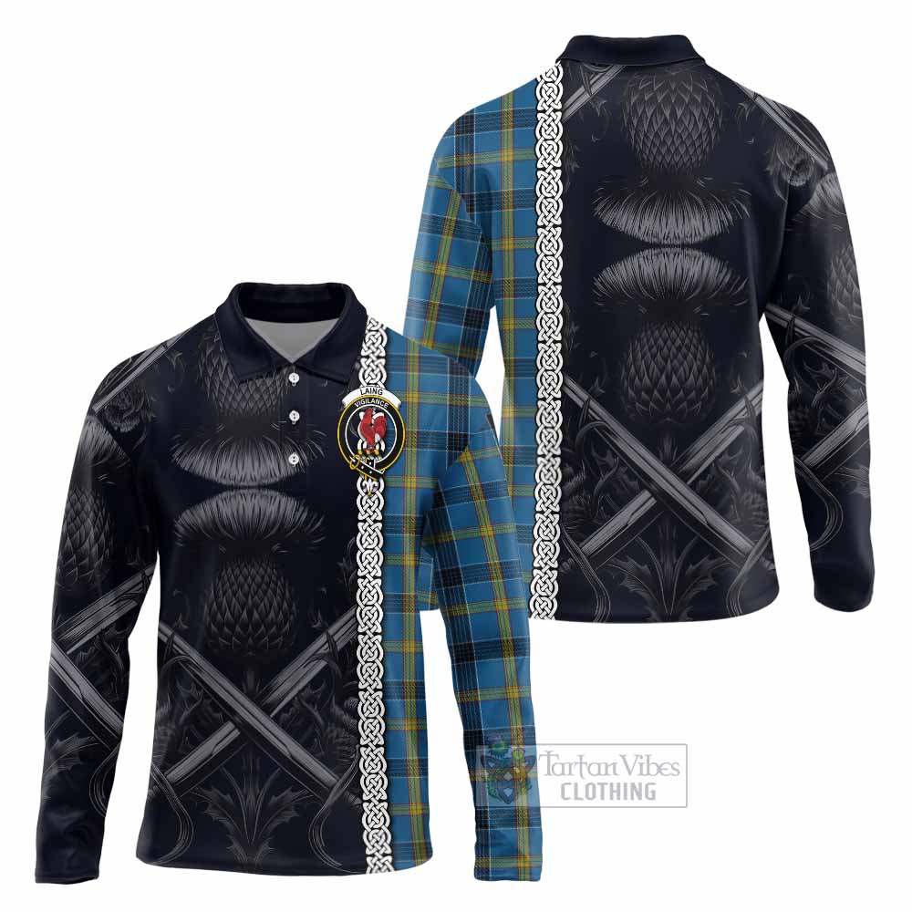 Tartan Vibes Clothing Laing Tartan Long Sleeve Polo Shirt with Family Crest Cross Sword Thistle Celtic Vibes
