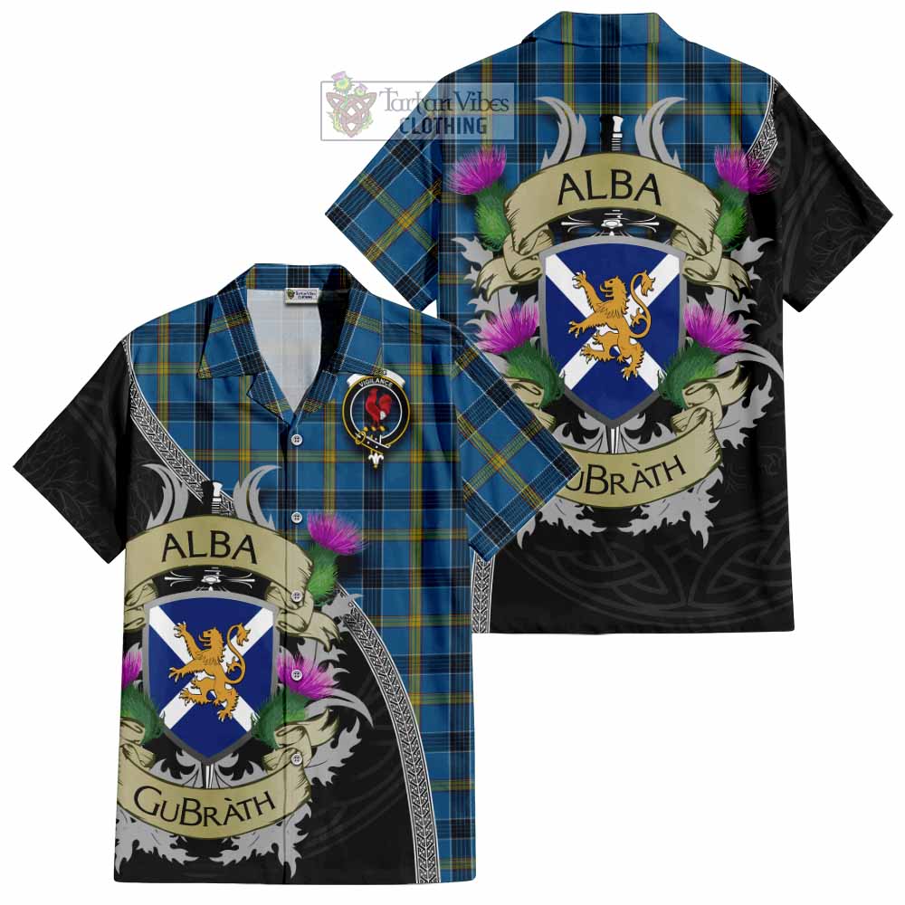 Tartan Vibes Clothing Laing Tartan Family Crest Short Sleeve Button Shirt Lion Rampant Royal Thistle Shield Celtic Inspired