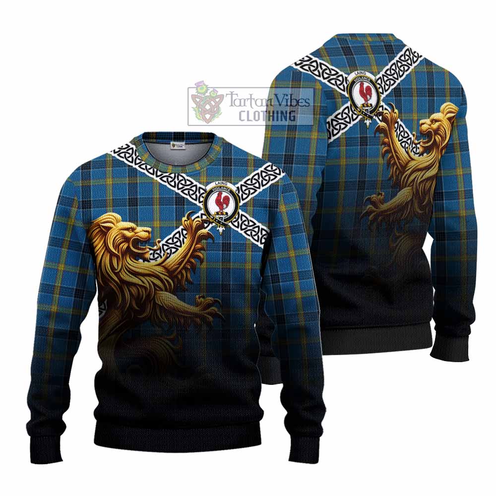 Tartan Vibes Clothing Laing Crest Tartan Knitted Sweater with Golden Lion Emblem Celtic Style