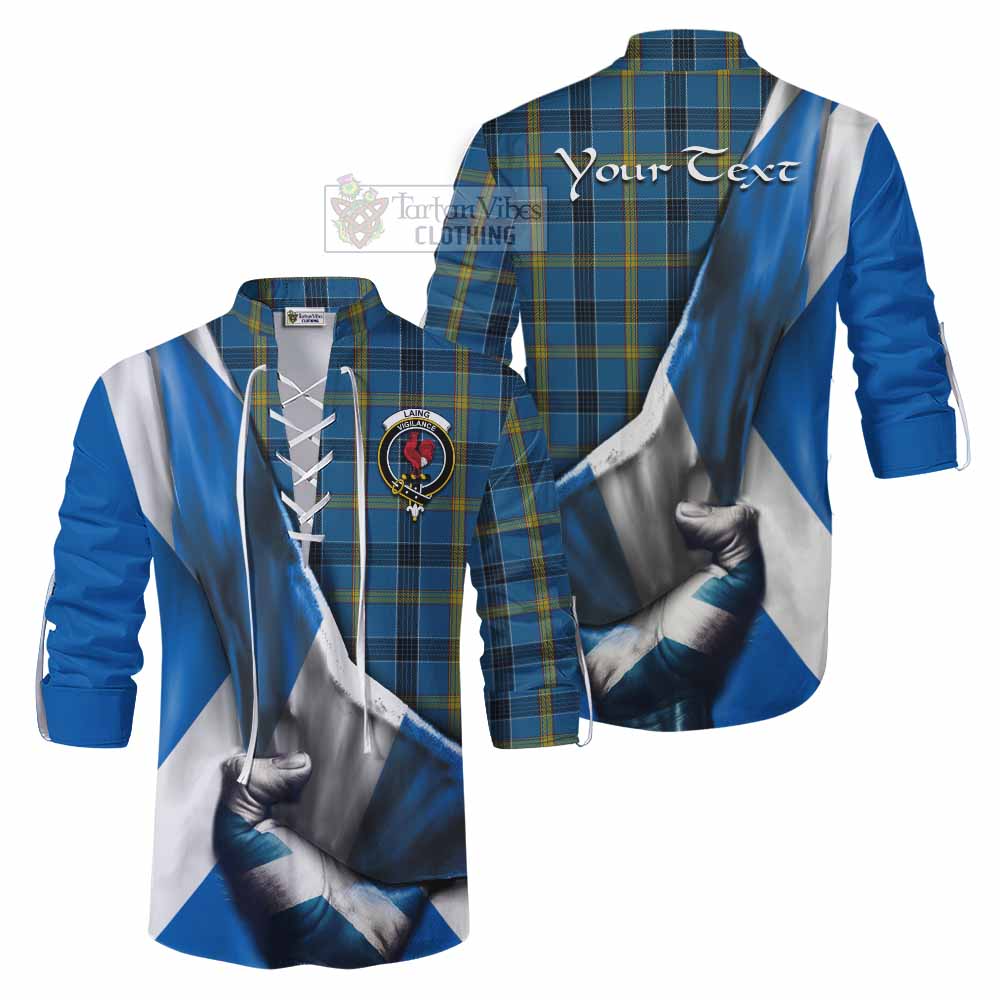 Tartan Vibes Clothing Laing Tartan Ghillie Kilt Shirt with Family Crest Scotland Patriotic Style