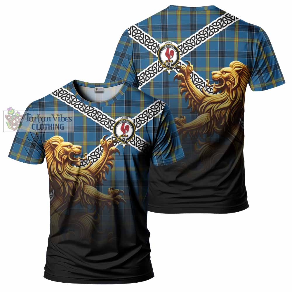 Tartan Vibes Clothing Laing Crest Tartan T-Shirt with Golden Lion Emblem Celtic Style
