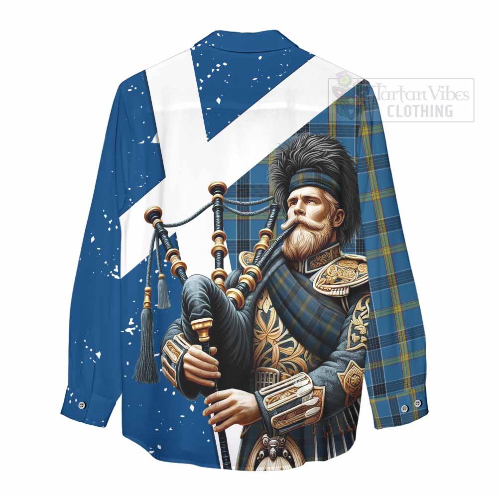 Tartan Vibes Clothing Laing Tartan Women's Casual Shirt with Family Crest Scottish Bagpiper Vibes