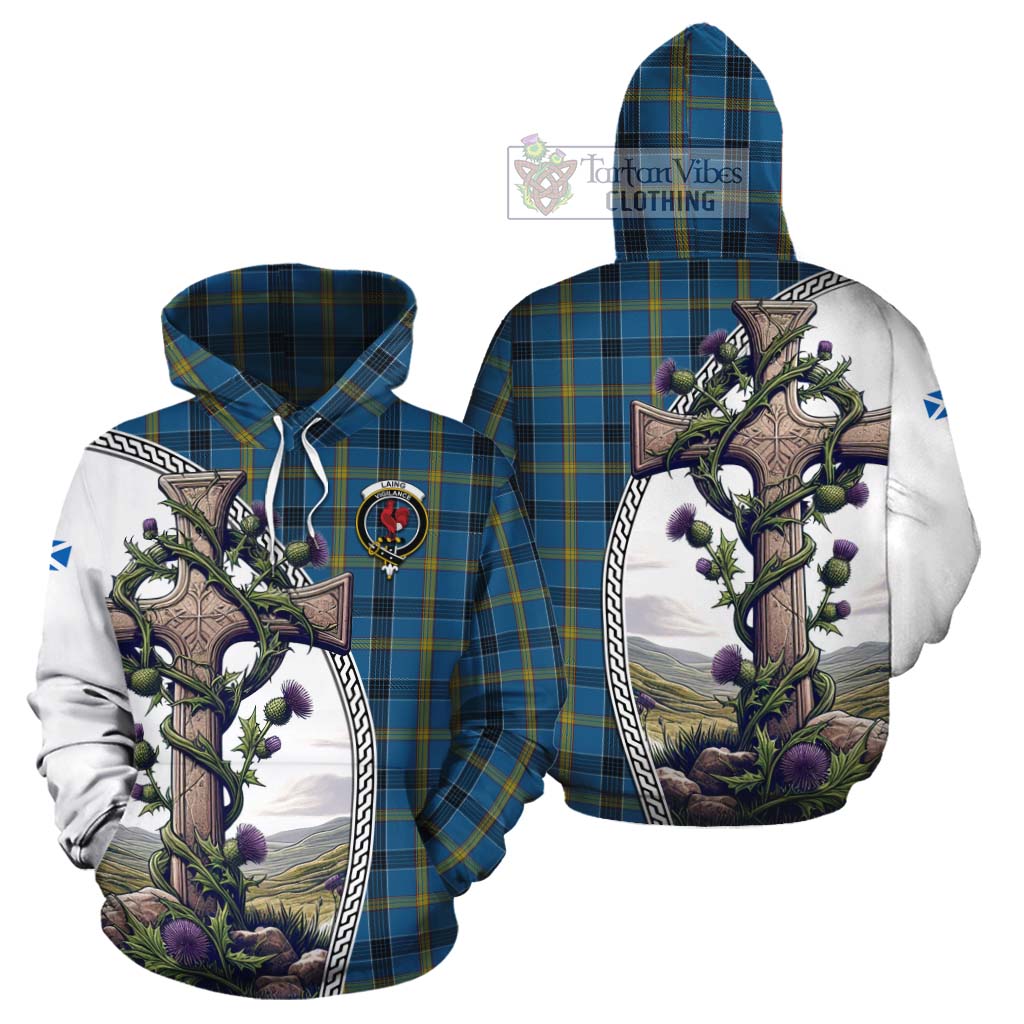 Tartan Vibes Clothing Laing Tartan Cotton Hoodie with Family Crest and St. Andrew's Cross Accented by Thistle Vines