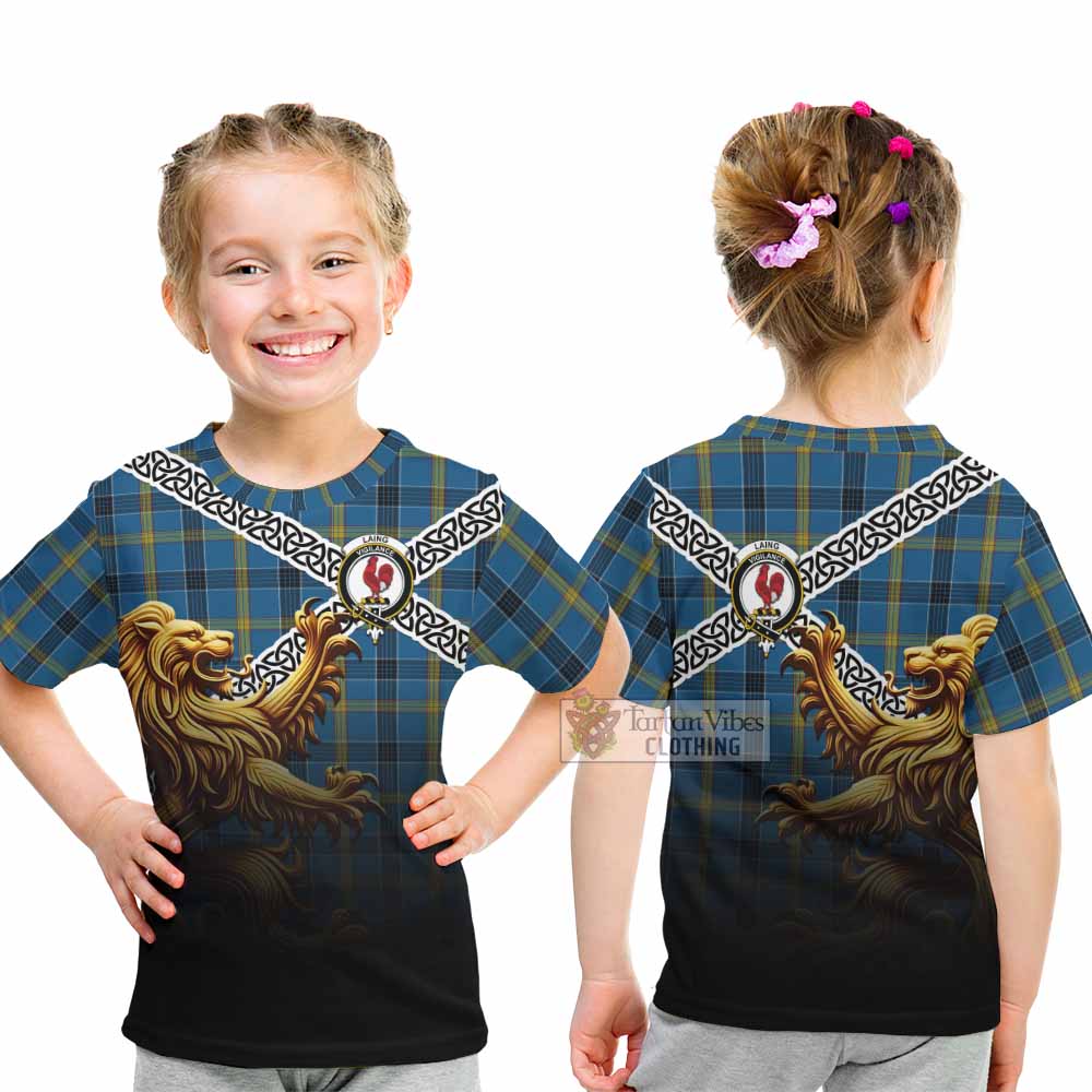 Tartan Vibes Clothing Laing Crest Tartan Kid T-Shirt with Golden Lion Emblem Celtic Style