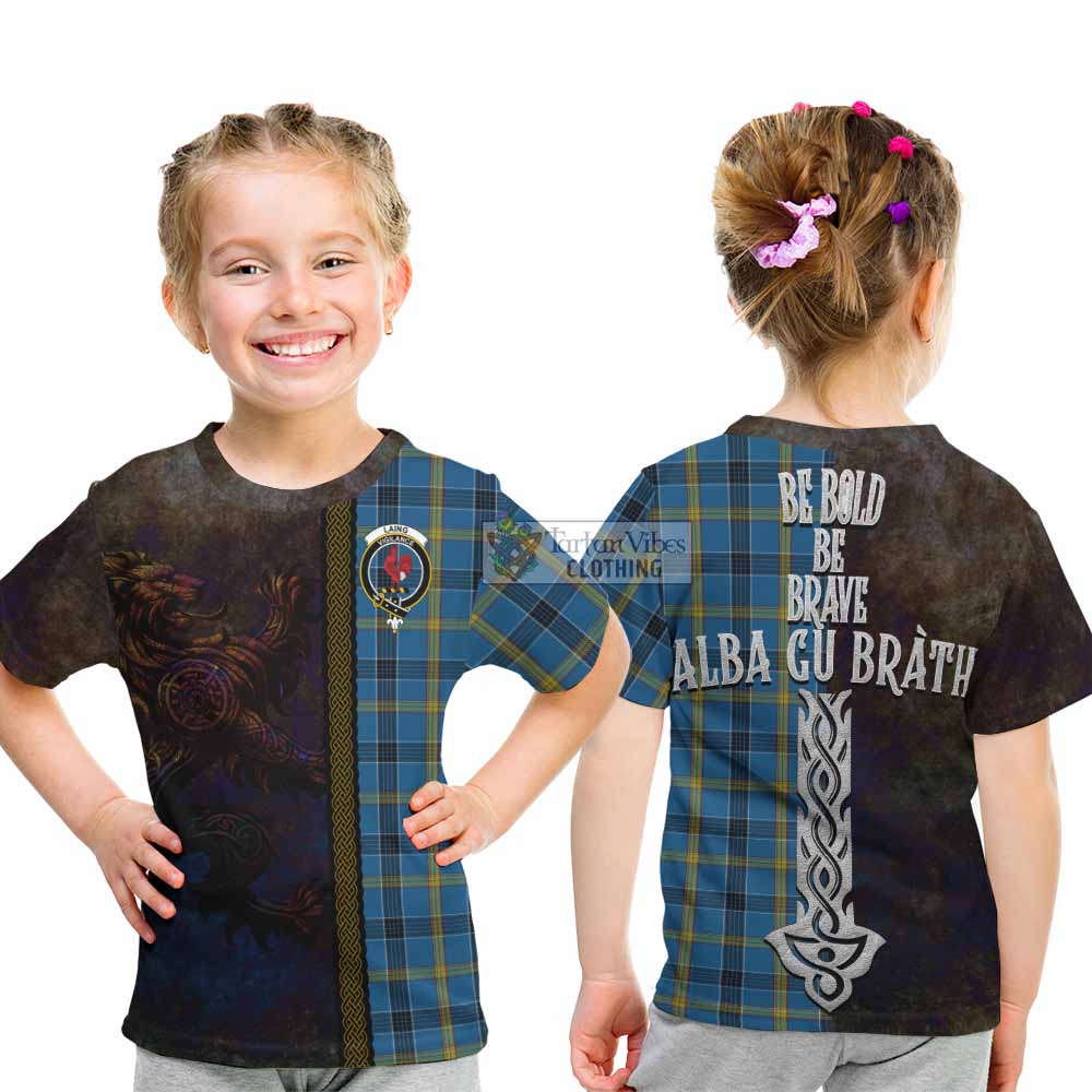 Tartan Vibes Clothing Laing Tartan Family Crest Kid T-Shirt Alba Gu Brath Be Brave Lion Ancient Style