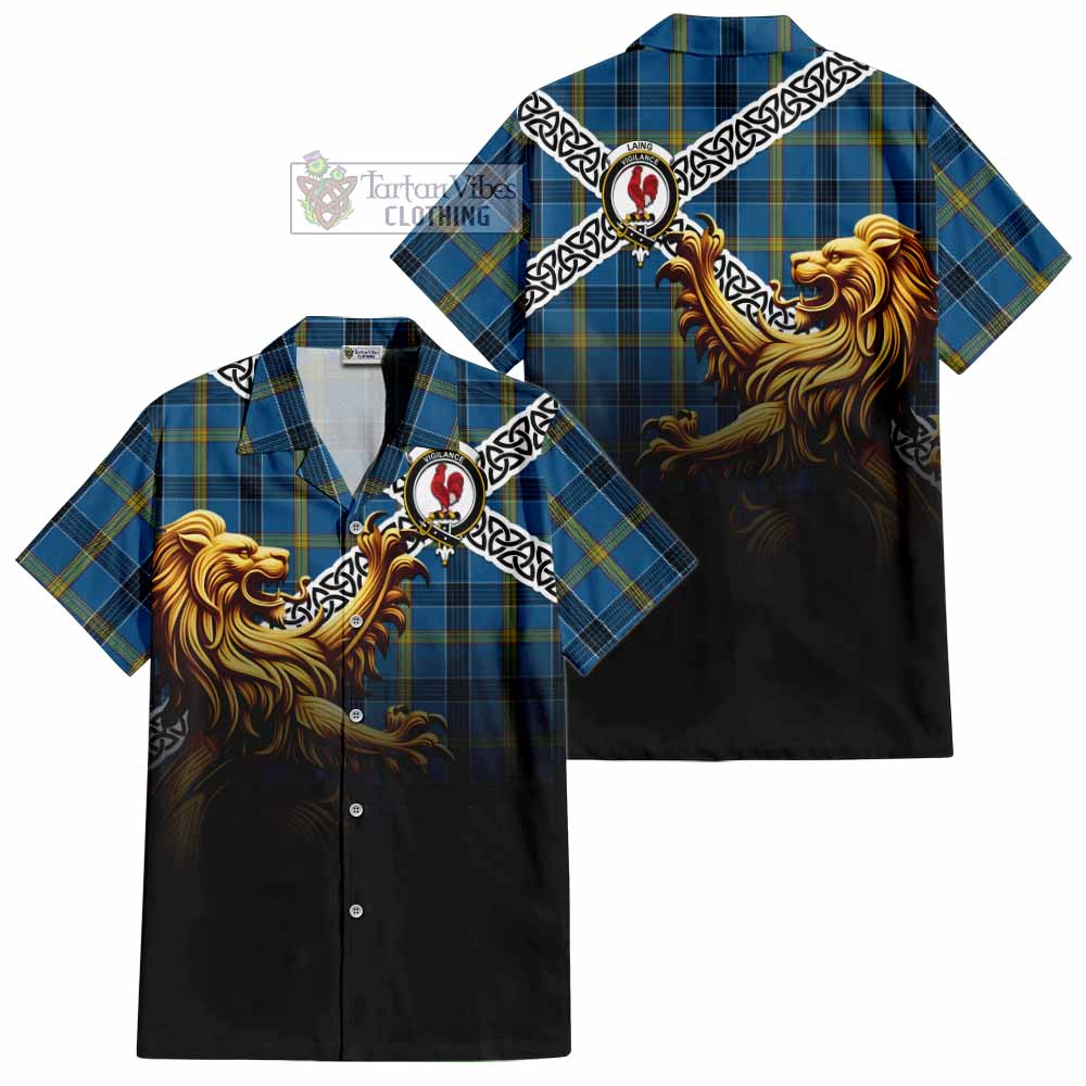 Tartan Vibes Clothing Laing Crest Tartan Short Sleeve Button Shirt with Golden Lion Emblem Celtic Style