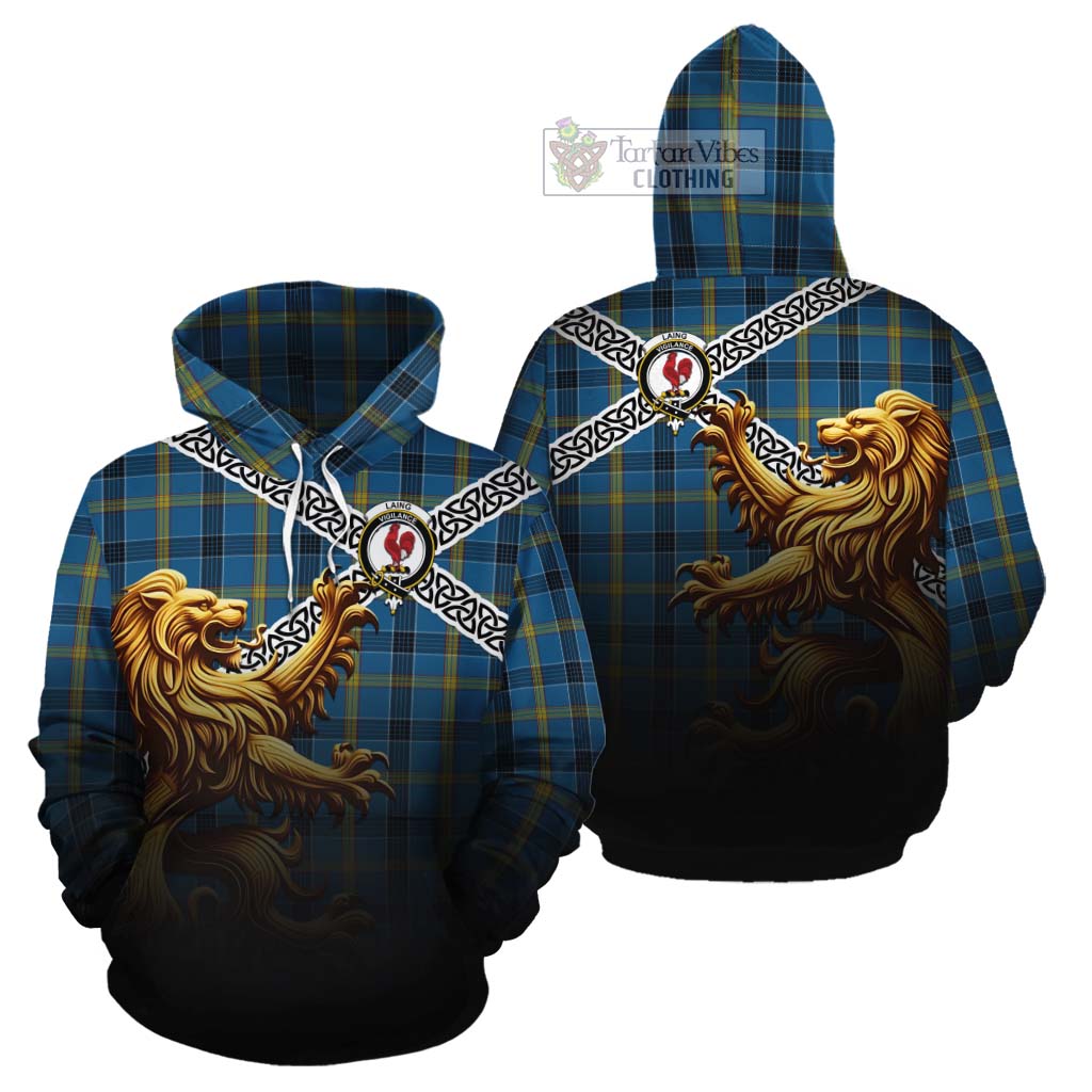 Tartan Vibes Clothing Laing Crest Tartan Cotton Hoodie with Golden Lion Emblem Celtic Style
