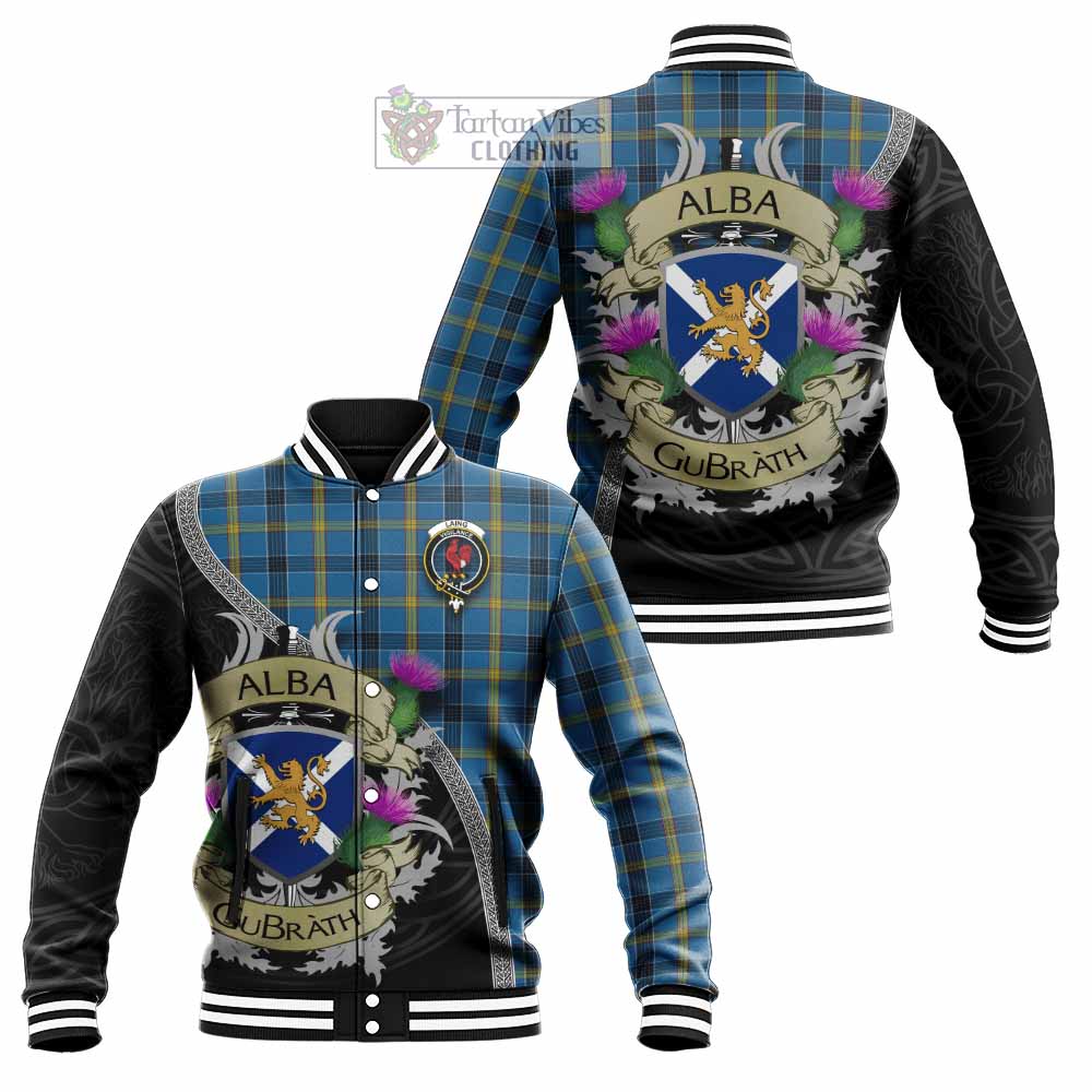 Tartan Vibes Clothing Laing Tartan Family Crest Baseball Jacket Lion Rampant Royal Thistle Shield Celtic Inspired