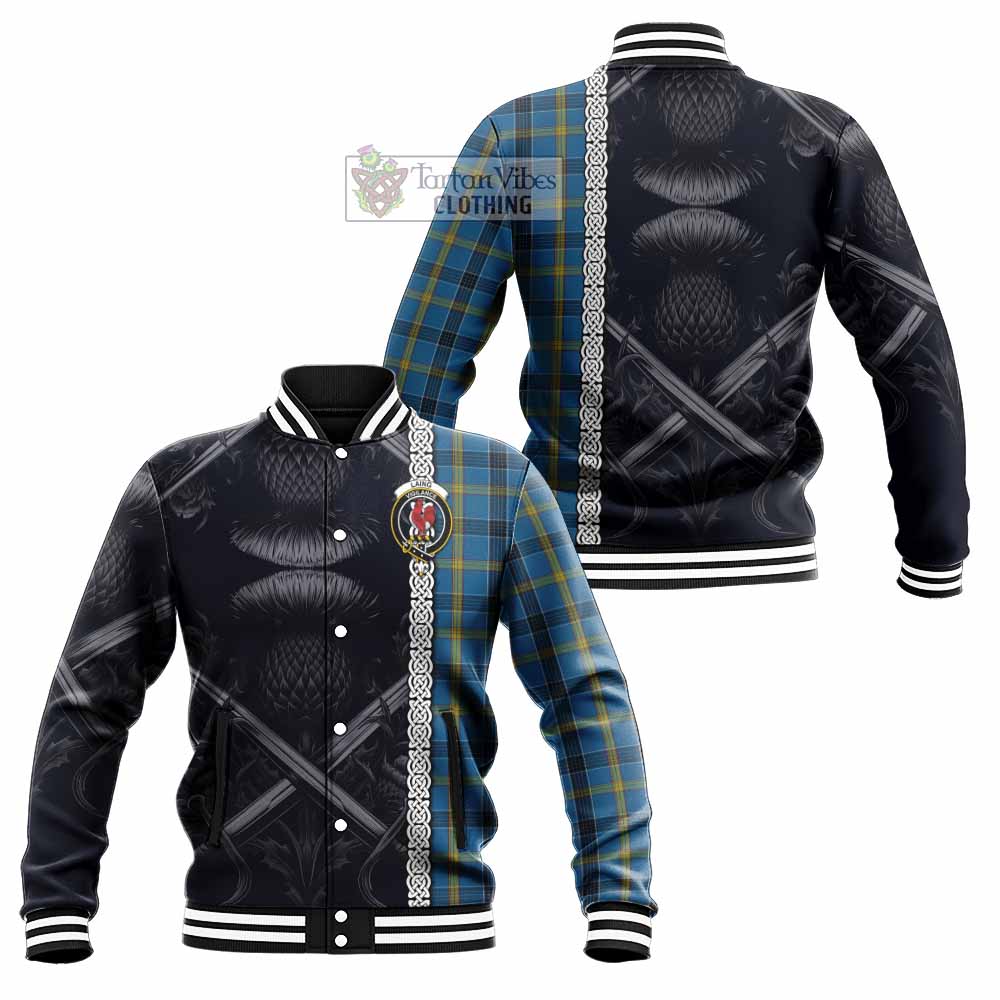 Tartan Vibes Clothing Laing Tartan Baseball Jacket with Family Crest Cross Sword Thistle Celtic Vibes