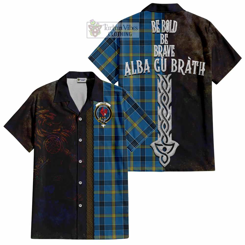 Tartan Vibes Clothing Laing Tartan Family Crest Short Sleeve Button Shirt Alba Gu Brath Be Brave Lion Ancient Style